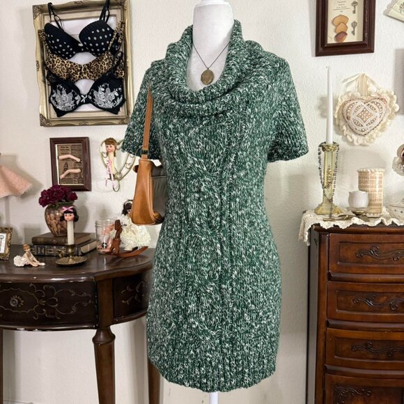 cozy girly grunge green cowl neck micro mini sweater dress / long tunic top - Picture 2 of 5